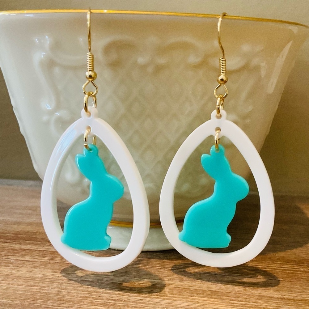 New Blue & White Stylish & Cute Egg & Bunny Dangle Drop earrings